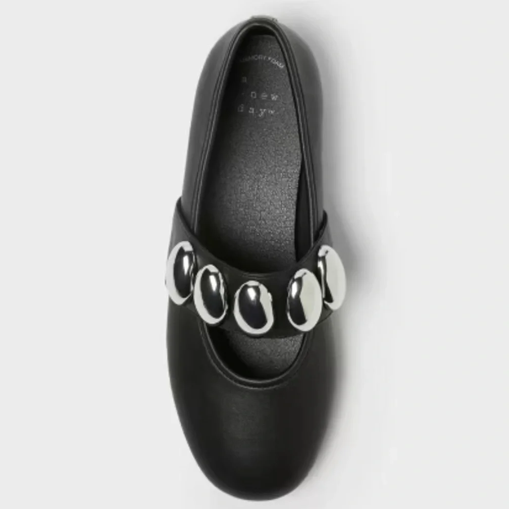 a new day Black Leather Mary Jane Flats with Chunky Silver Chain Strap
